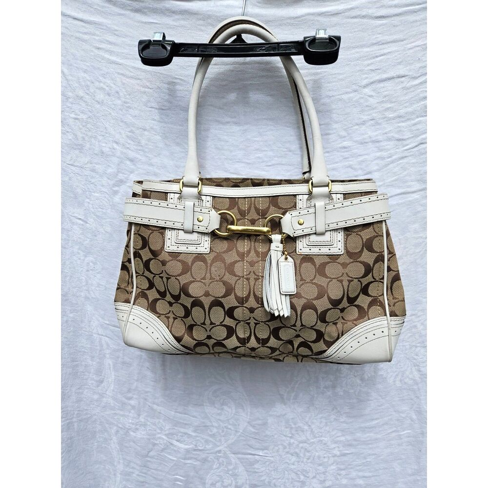 COACH Hamptons Signature Tassel Satchel Khaki Jacquard White Leather